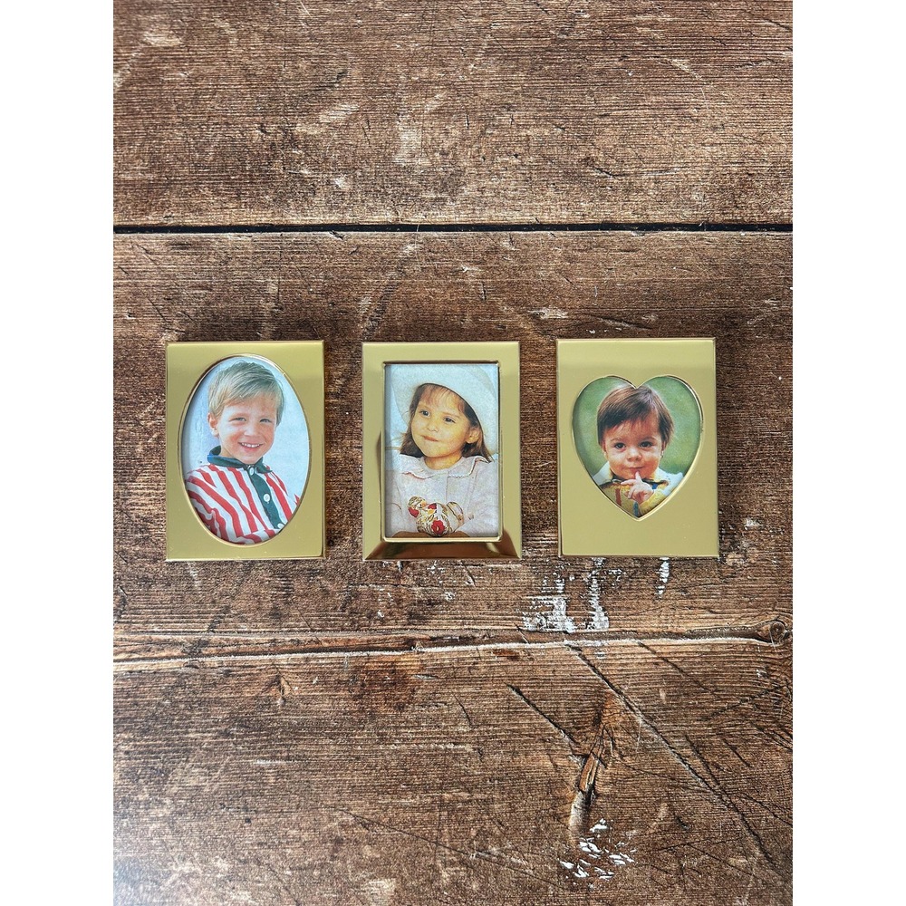 Set of 3 Vintage Tiny Brass Picture Frames - Mini School Gold Photo Frames